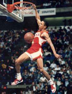 NBA Basketball 1986 Slam Dunk Contest: Atlanta Hawks Spud Webb dunking.